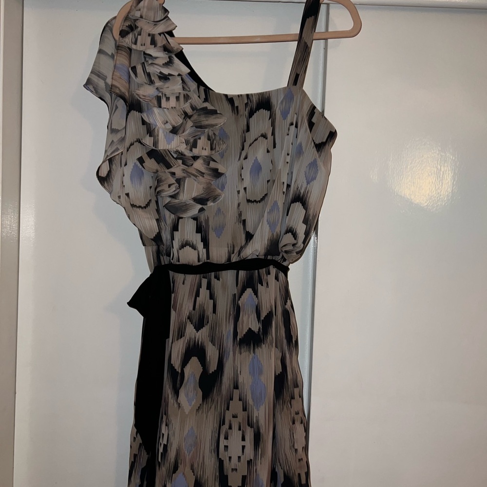 S.L. Fashions One-Shoulder Dress in Black and Cream